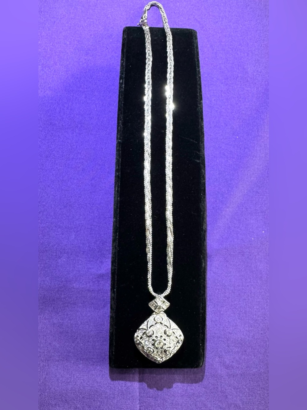 Vintage Esposito Sterling Silver CZ Ornate Filigree Pendant Necklace -